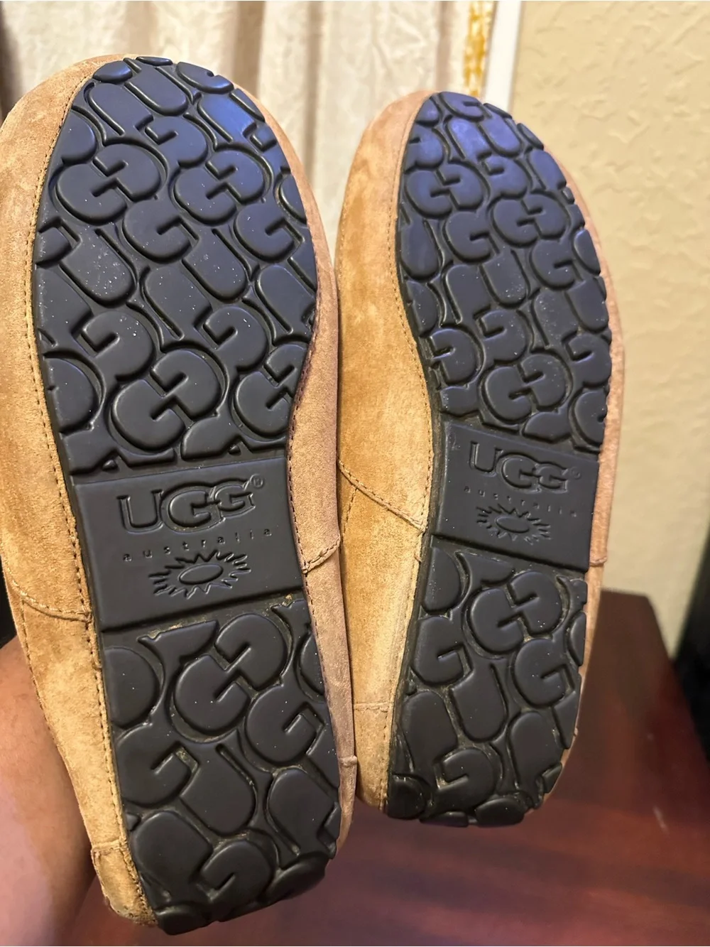 Mens UGG Ascot Tan Brown Suede Lined Slippers Shoes Moccasins Loafers Size 11